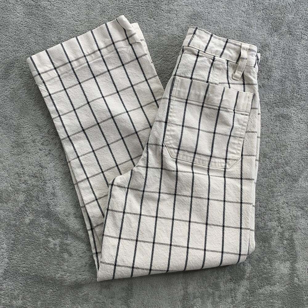 Madewell Slim Emmett Wide Leg Crop Pants Womens 23 Beige Windowpane Office Work